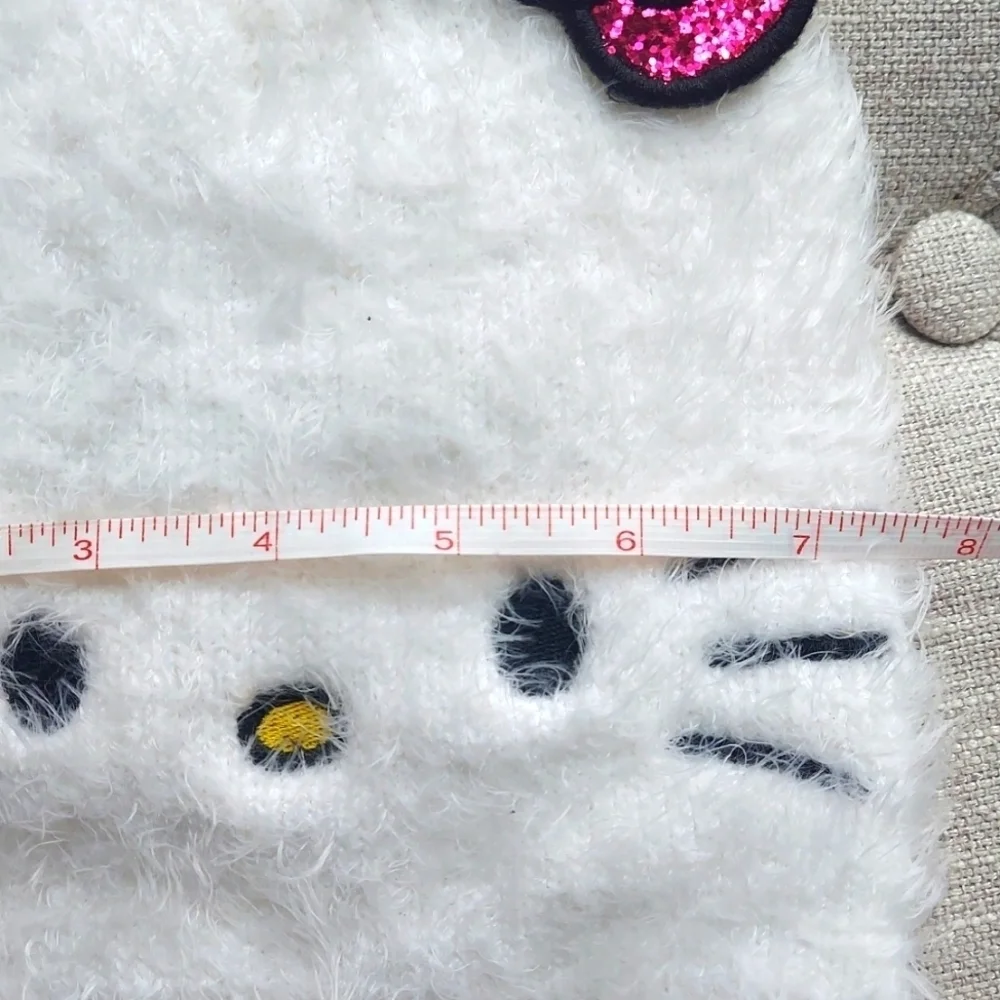 Sanrio Hello Kitty Girls White Furry Knit Beanie Hat Metallic Bow - white - 4-14